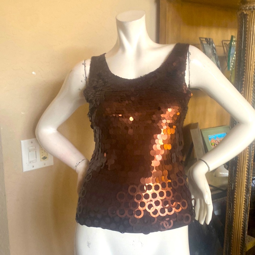 Janine Paris Brown Sequins Beaded Brown/Bronze Sleeveless Top Sz M